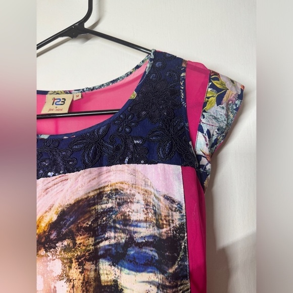 R23 by Jini Mini Pink Blue Floral Semi Sheer Model Photo Maxi Sequin Dress M - Picture 4 of 11